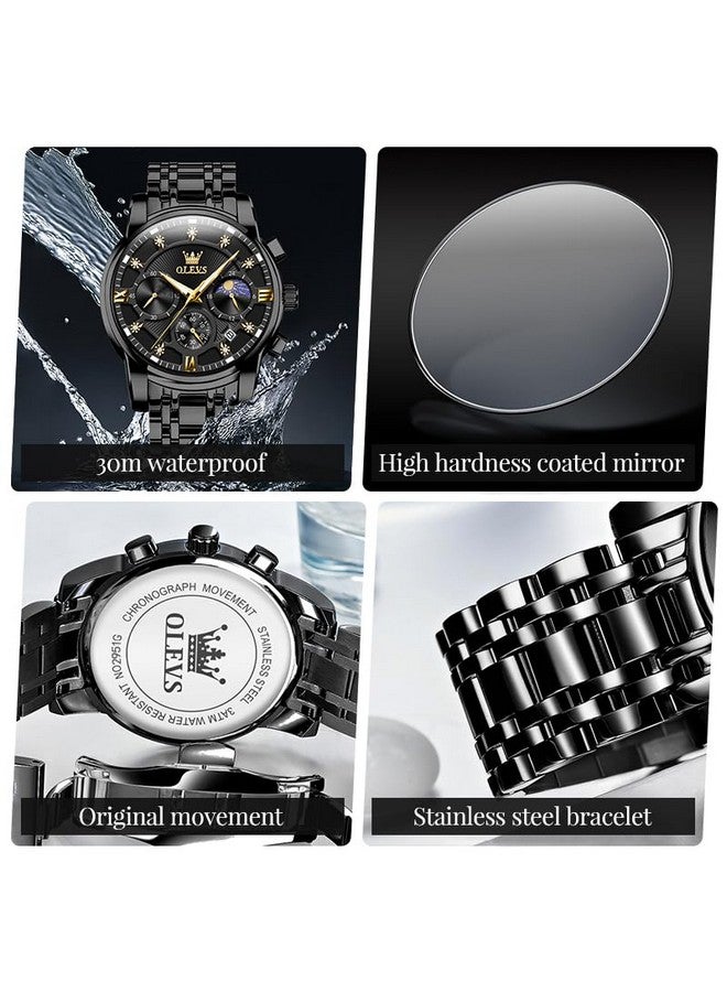 أوليفز Men's Black Chronograph Calendar Diamond Watches Moon Phase Analog Quartz Display Luxury Stainless Steel Waterproof Luminous Watch for Men - Image 5