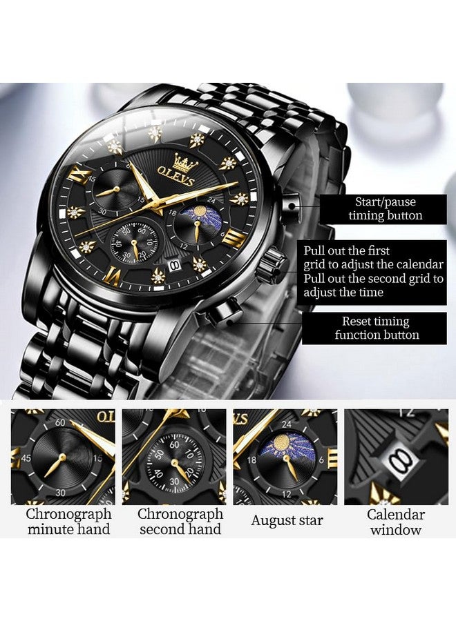 أوليفز Men's Black Chronograph Calendar Diamond Watches Moon Phase Analog Quartz Display Luxury Stainless Steel Waterproof Luminous Watch for Men - Image 4