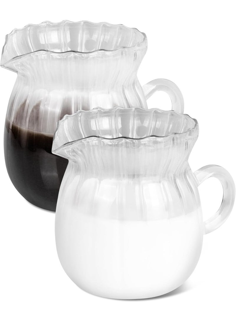 2 Pcs Creamer Pitcher, Elegant Wave Shaped Glass Creamer Pitcher, Coffee Milk Creamer Pitcher, Glass Tea Pitcher, Serving Milk Frothing Pitcher, Milk Frother Cup Creamer Jug for Kitchen,13 oz - Image 1