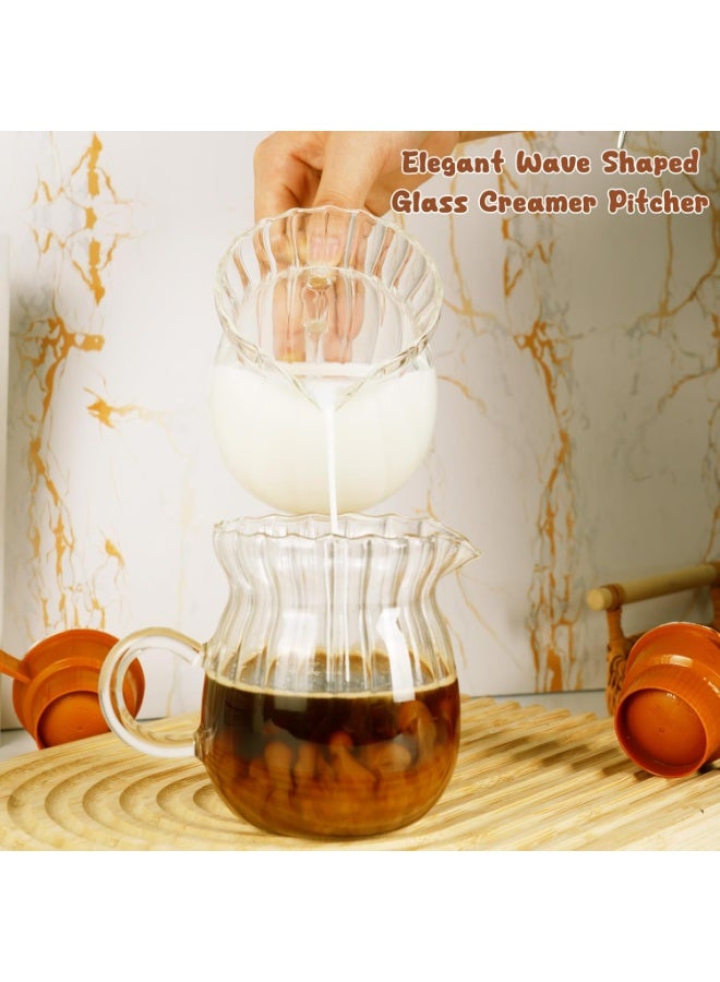 2 Pcs Creamer Pitcher, Elegant Wave Shaped Glass Creamer Pitcher, Coffee Milk Creamer Pitcher, Glass Tea Pitcher, Serving Milk Frothing Pitcher, Milk Frother Cup Creamer Jug for Kitchen,13 oz - Image 3