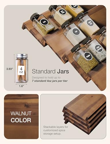 Tinamo Acacia Wooden Spice Rack Organizer for Cabinet - Spice Drawer Insert, Spice Organization for Cabinet, Seasoning Organizer, Spice Holder Pack of 4 (Walnut, Pack 4) - Image 3