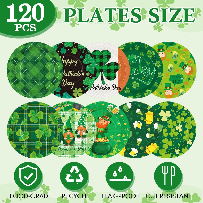 Funnymoom 120 Pieces 7 Inch St. Patrick's Day Paper Plates Green Shamrocks Disposable Dessert Plates Happy Lucky Day Disposable Party Plates Green Plaid Paper Tableware Dinnerware for Party Decorations Supplies - Image 2