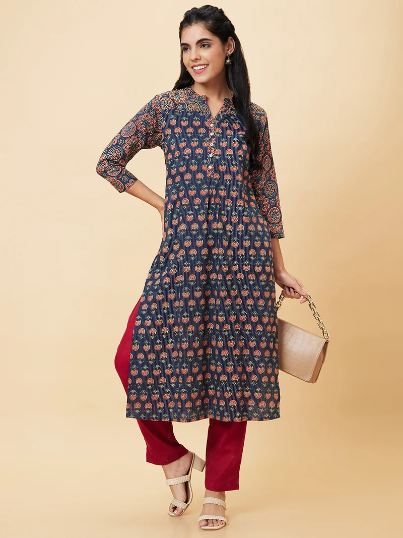 globus Women Teal Blue Floral Printed Mandarin Collar Pure Cotton Straight Kurta