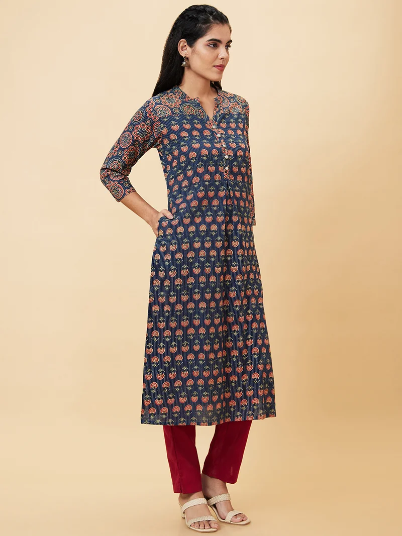 globus Women Teal Blue Floral Printed Mandarin Collar Pure Cotton Straight Kurta