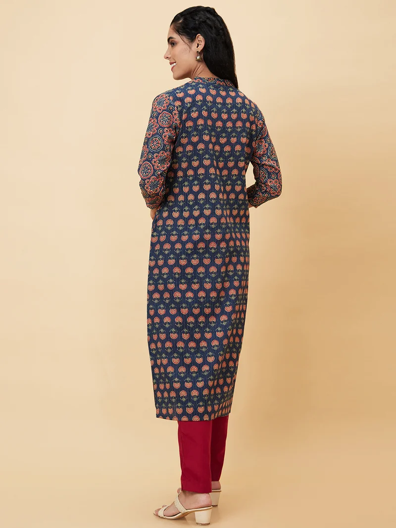 globus Women Teal Blue Floral Printed Mandarin Collar Pure Cotton Straight Kurta