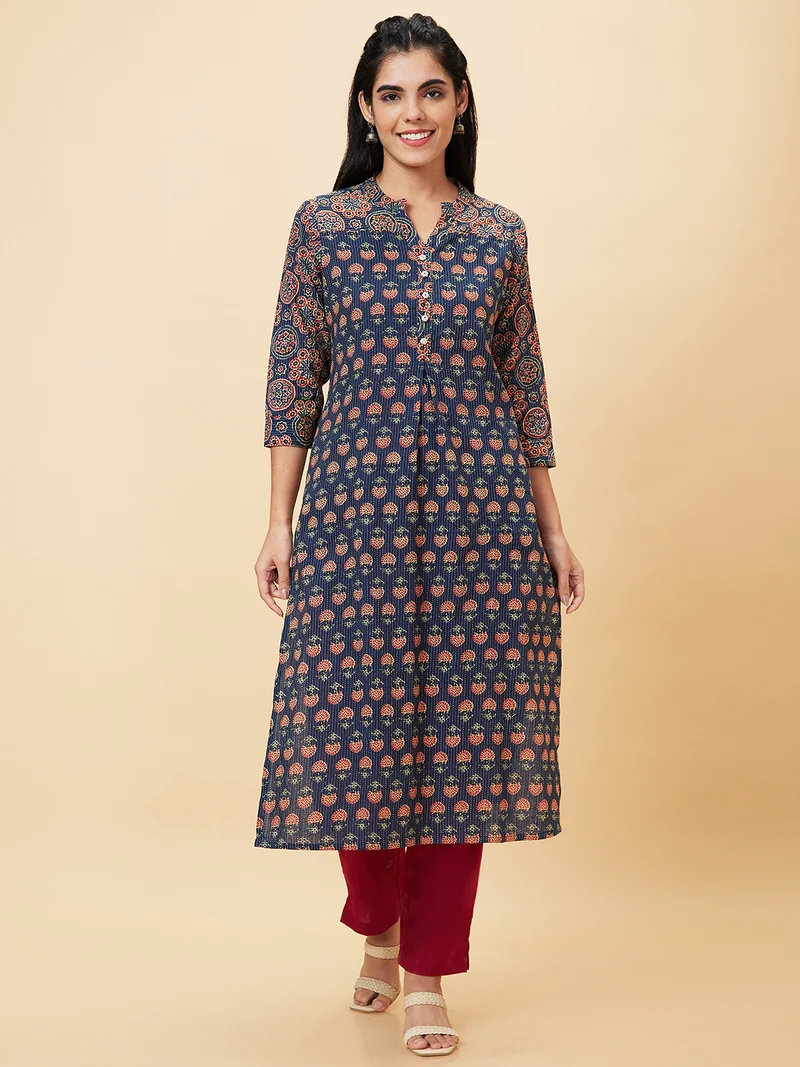 globus Women Teal Blue Floral Printed Mandarin Collar Pure Cotton Straight Kurta