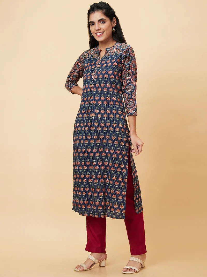 globus Women Teal Blue Floral Printed Mandarin Collar Pure Cotton Straight Kurta