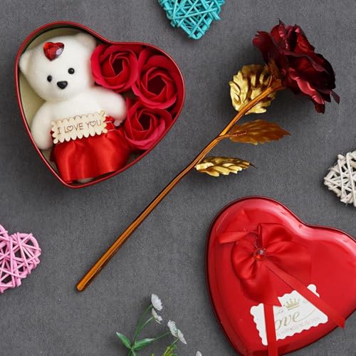 perpetual Heart Shaped Gift Box with Teddy and Roses Gift for Valentine Day Birthday Anniversary Red Rose Flower, Teddy and Rose Day Gift for Boyfriend Girlfriend (TeddyBox and Red Rose) - Image 1