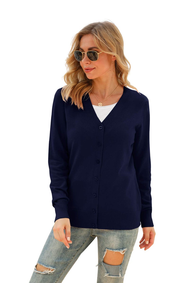 VIISHOW Women's Button Down V Neck Long Sleeve Soft Knit Cardigan Sweaters, Navy Blue, Small - Image 3