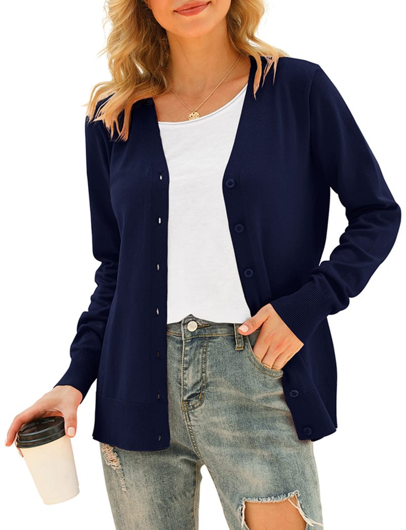 VIISHOW Women's Button Down V Neck Long Sleeve Soft Knit Cardigan Sweaters, Navy Blue, Small - Image 1