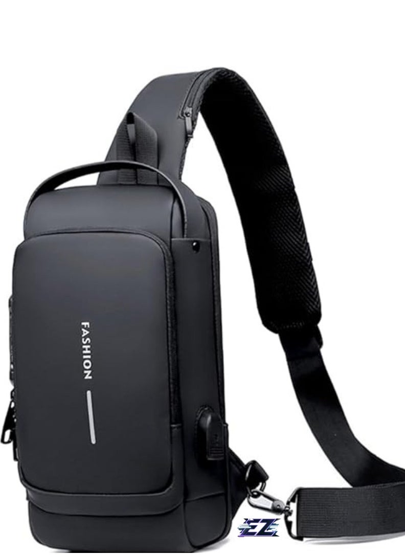 ELTRAZONE Waterproof Leather Crossbody Sling Bag with USB Charging Port – Casual Shoulder Backpack for Men and Women, Ideal for Travel & Hiking  - Image 1