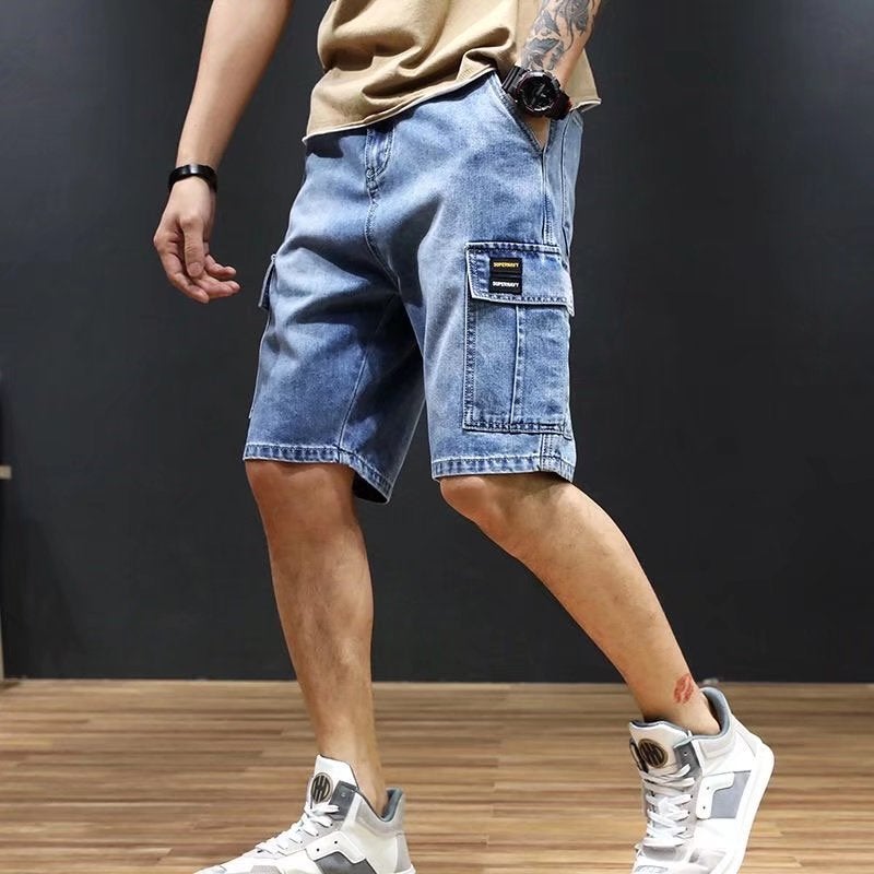 Summer Thin Multi-Pocket Denim Shorts Mens Workwear Five-point Pants Straight Loose Stretch Trendy Mid-length Pants Blue  - Image 1