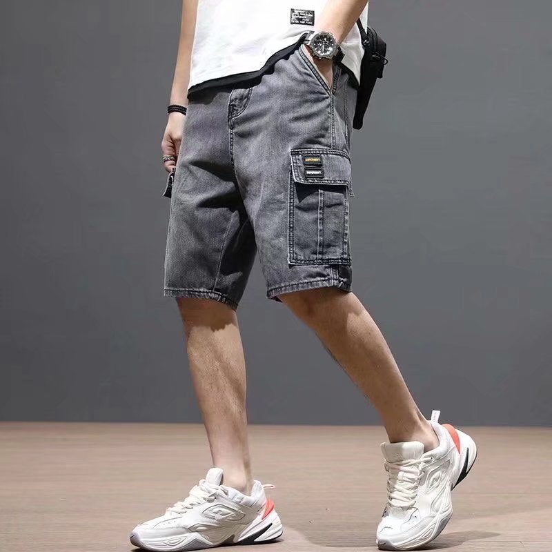 Summer Thin Multi-Pocket Denim Shorts Mens Workwear Five-point Pants Straight Loose Stretch Trendy Mid-length Pants Blue  - Image 2