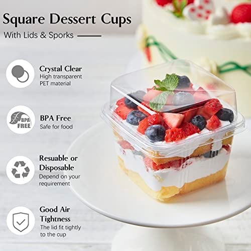 Qeirudu 50 Pack 8 oz Square Plastic Dessert Cups with Lids and Sporks, Disposable Cake Cups Yogurt Parfait Containers for Fruit, Pudding, Mousse, Ice Cream and Strawberry Shortcake - Image 3