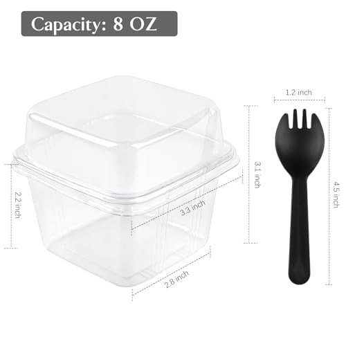 Qeirudu 50 Pack 8 oz Square Plastic Dessert Cups with Lids and Sporks, Disposable Cake Cups Yogurt Parfait Containers for Fruit, Pudding, Mousse, Ice Cream and Strawberry Shortcake - Image 2