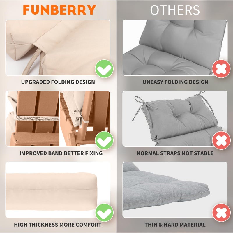 FUNBERRY Adirondack Chair Cushion, Thicken Comfy Cushions for Rocker Non Slip Fade Shield Waterproof High Back with Ties - Image 2