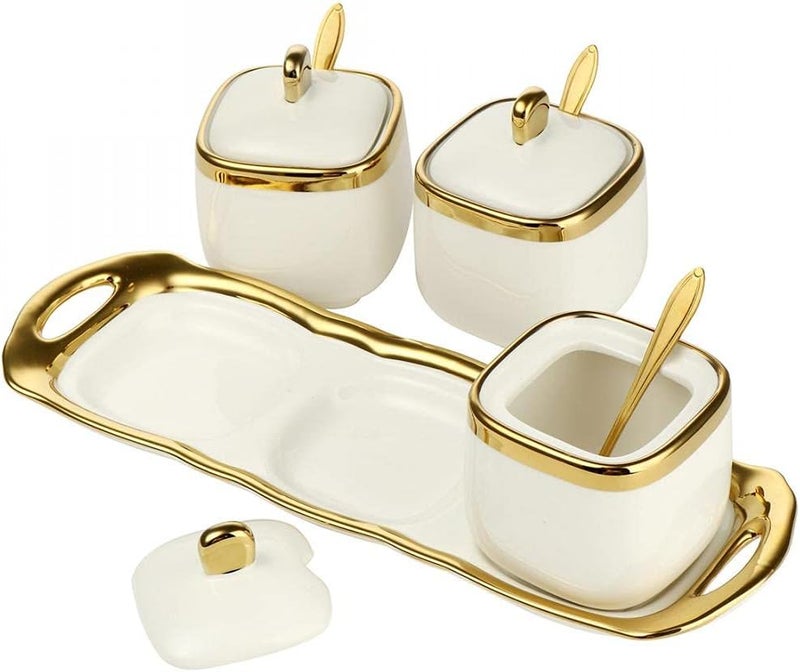 POSHOPS 3 pack Ceramic Sugar Bowls SetMarble Porcelain Spice Jars Storage Containers Condiment Jar Spice Container with Spoons and Lids for Home and Kitchen White - Image 2