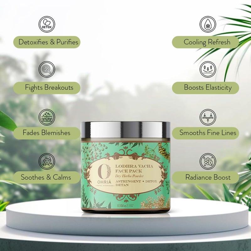 Ohria Ayurveda Lodhra Vacha DeTan Face Pack Natural Dry Herb Powder Reduces Blemishes Acne Marks Tan For All Skin Types 60g - Image 4