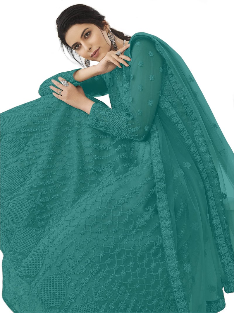 PATLANI Women Light Rama Long Gown, Net with Ultra Satin Inner Ethnic Flared Gown for Girl's/Women's Semi Stitched Gown (Light Rama) - Image 3