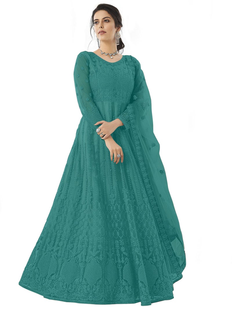 PATLANI Women Light Rama Long Gown, Net with Ultra Satin Inner Ethnic Flared Gown for Girl's/Women's Semi Stitched Gown (Light Rama) - Image 5