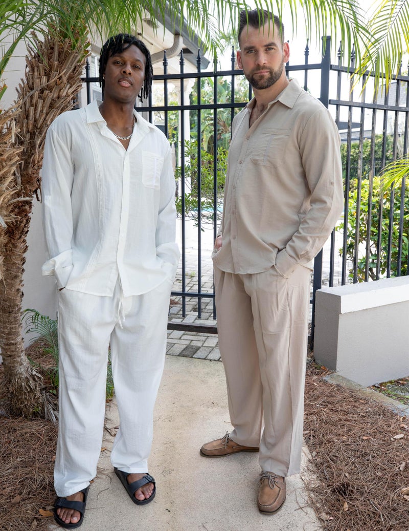 COOFANDY Mens Coordinated Outfit Hawaiian Set Linen Long Sleeve Guayabera Shirts and Drawstring Waist Pants Set Casual Beach, Khaki, Medium - Image 2