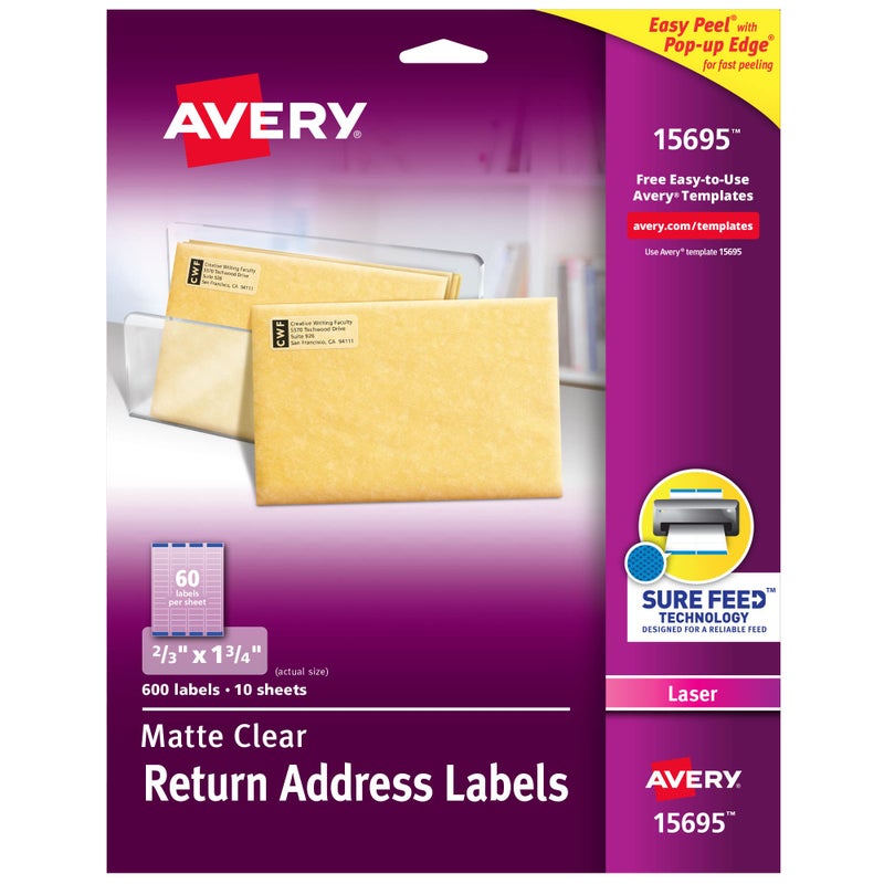 Avery Matte Clear Return Address Labels,Sure Feed Technology,Laser, 2/3" x 1-3/4", 600 Labels, 5 Packs (15695) - Image 1