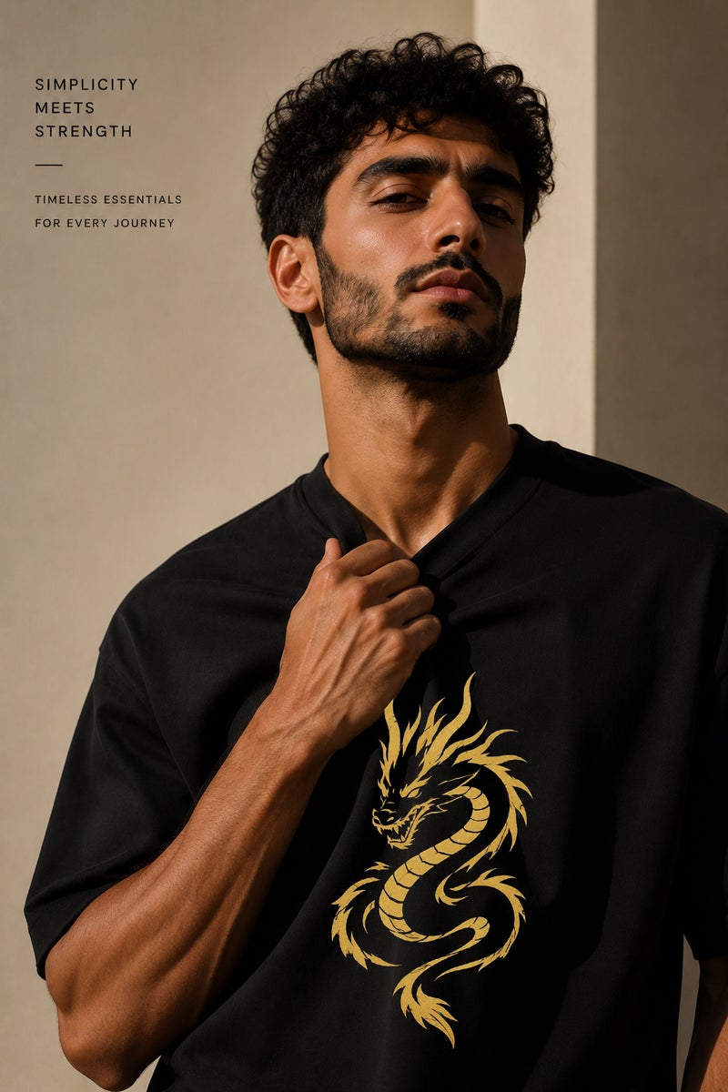 Men's Oversized Black Dragon Graphic T-Shirt Casual Short Sleeve Crew Neck Streetwear Tee - Image 5