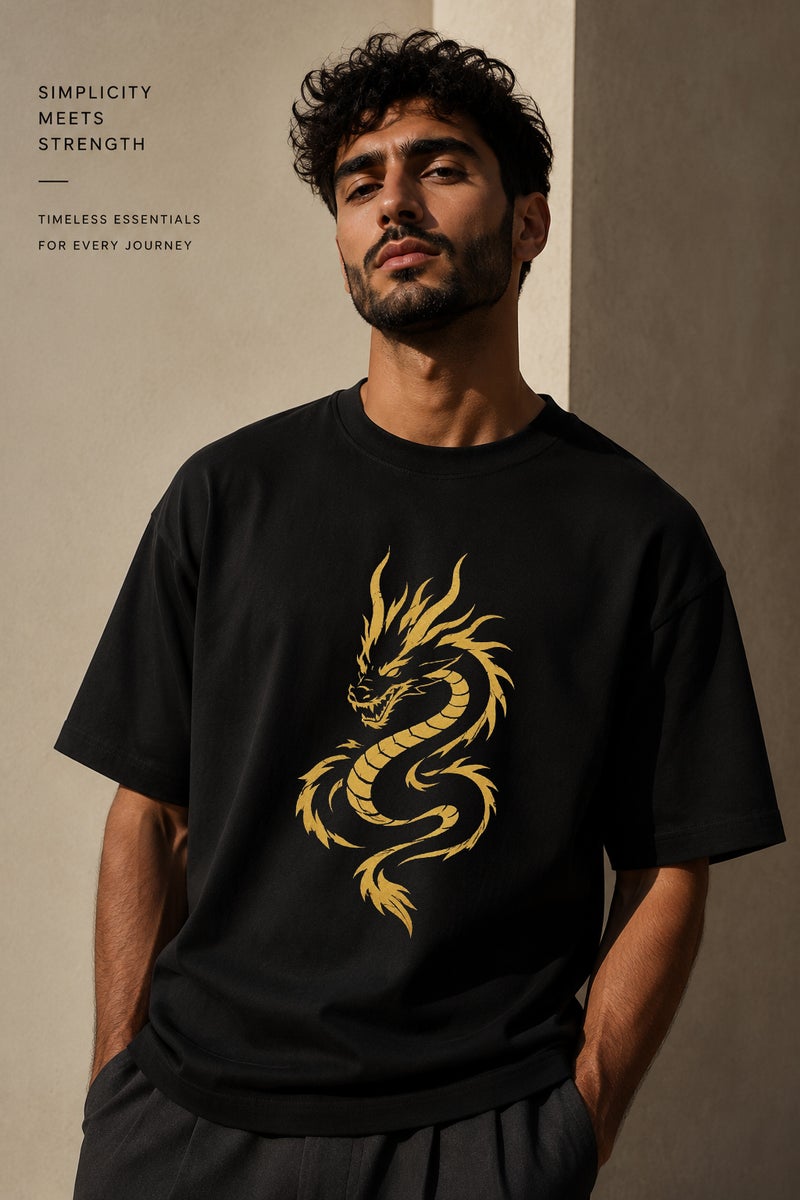 Men's Oversized Black Dragon Graphic T-Shirt Casual Short Sleeve Crew Neck Streetwear Tee - Image 1