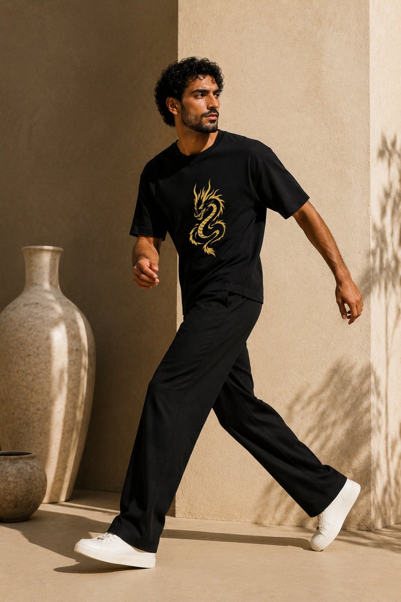 Men's Oversized Black Dragon Graphic T-Shirt Casual Short Sleeve Crew Neck Streetwear Tee - Image 3