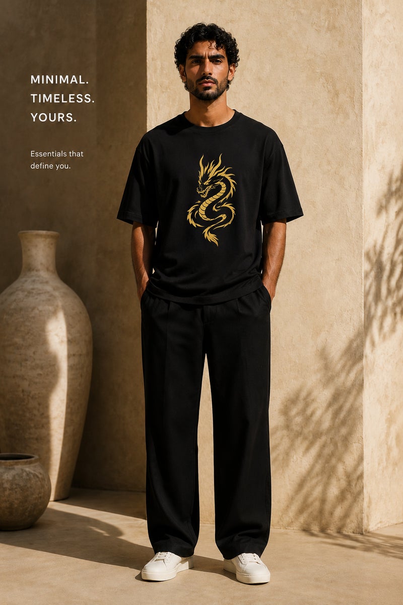 Men's Oversized Black Dragon Graphic T-Shirt Casual Short Sleeve Crew Neck Streetwear Tee - Image 2