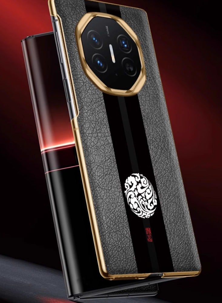Stylish Electroplated Gold Leather Horse Patterned Phone Case for Huawei Mate XT - Black Shell - Image 2