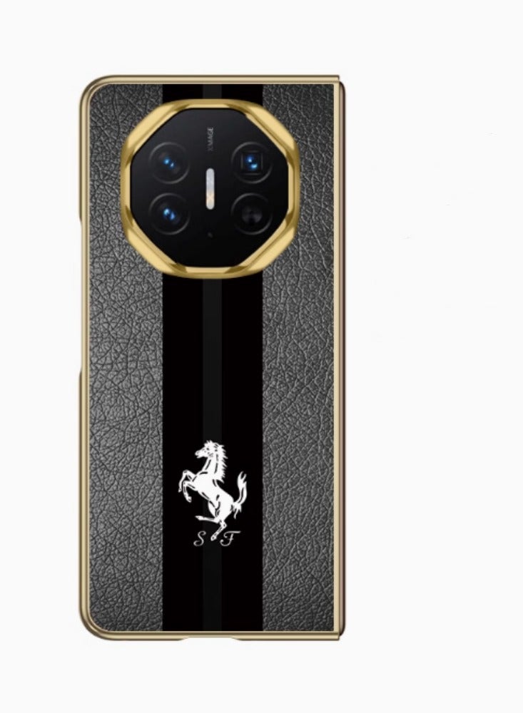Stylish Electroplated Gold Leather Horse Patterned Phone Case for Huawei Mate XT - Black Shell - Image 1