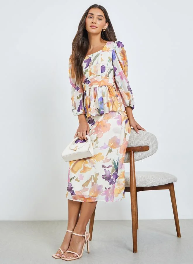Floral Print Peplum Detail Midi Dress