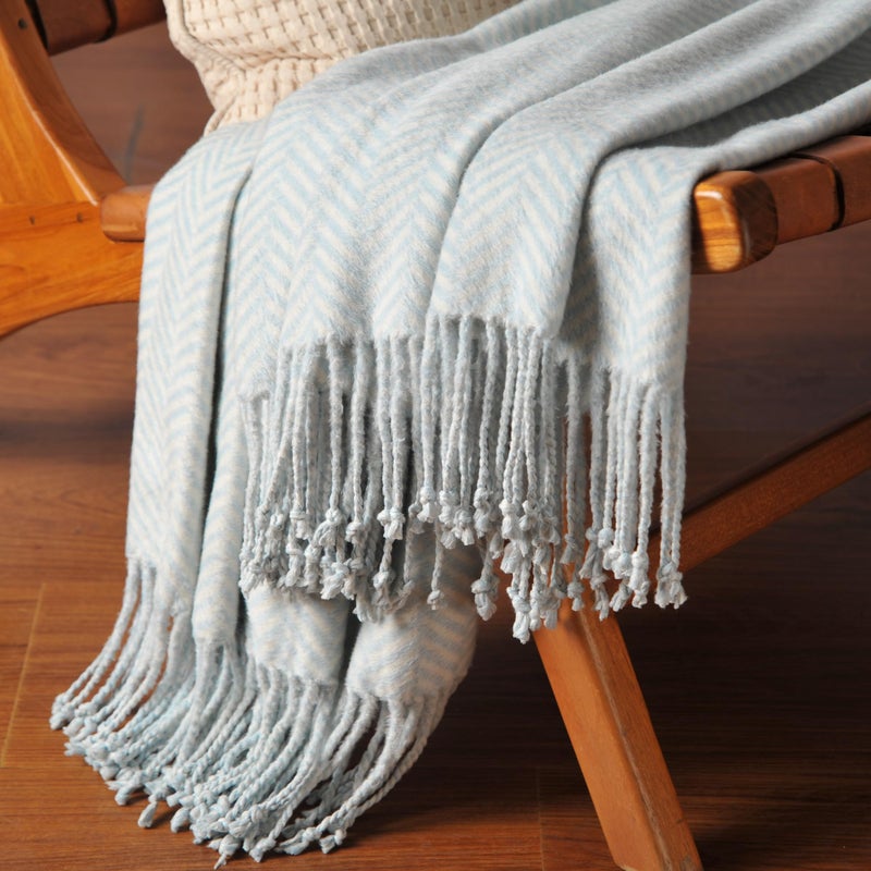 Cuddle Dreams Silk Throw Blanket With Hand-Knotted Fringe  Natural  Soft & Breathable (Herringbone Blue) - Image 3