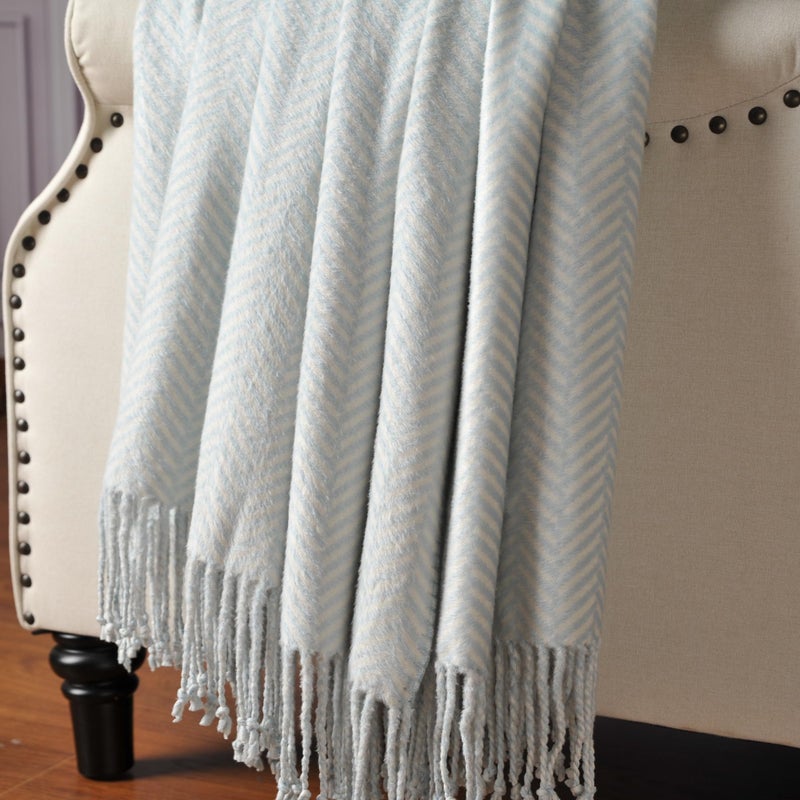 Cuddle Dreams Silk Throw Blanket With Hand-Knotted Fringe  Natural  Soft & Breathable (Herringbone Blue) - Image 2