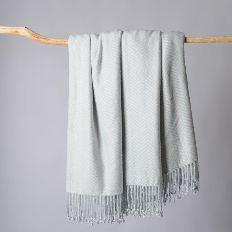 Cuddle Dreams Silk Throw Blanket With Hand-Knotted Fringe  Natural  Soft & Breathable (Herringbone Blue) - Image 5