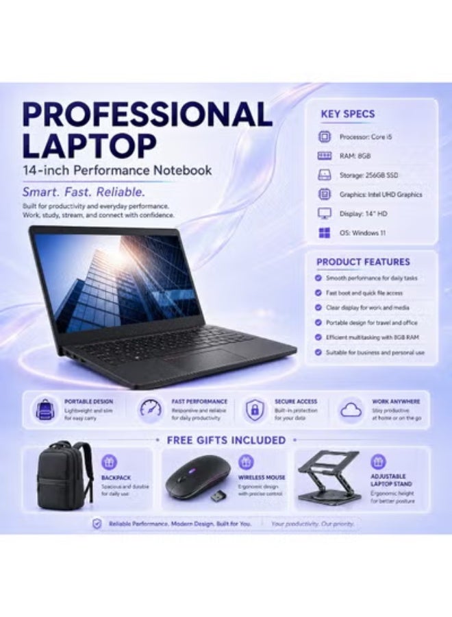 Everyday Business Laptop 14 Inch, i5 Processor, 8GB RAM, 256GB SSD, Integrated Graphics Notebook for Work and Study - Image 1