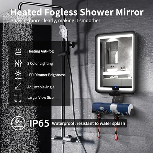 Suupvaor Lighted Shower Mirror Fogless for Shaving, Heated Fog Free Large 9.5*7inch 3 Color Modes Dimming Shower Shaving Mirror with Light, Rechargeable Anti-Fog Shower Mirror with Storage Tray & Razor Holders - Image 2