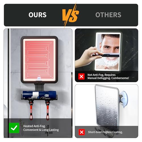 Suupvaor Lighted Shower Mirror Fogless for Shaving, Heated Fog Free Large 9.5*7inch 3 Color Modes Dimming Shower Shaving Mirror with Light, Rechargeable Anti-Fog Shower Mirror with Storage Tray & Razor Holders - Image 3