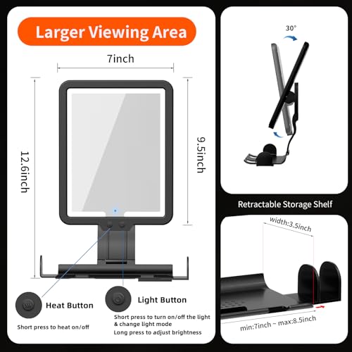 Suupvaor Lighted Shower Mirror Fogless for Shaving, Heated Fog Free Large 9.5*7inch 3 Color Modes Dimming Shower Shaving Mirror with Light, Rechargeable Anti-Fog Shower Mirror with Storage Tray & Razor Holders - Image 5