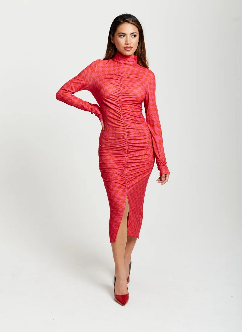 Liquorish Houndstooth Print Fitted Midi Dress