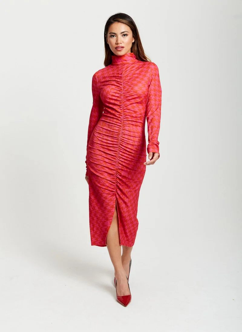 Liquorish Houndstooth Print Fitted Midi Dress