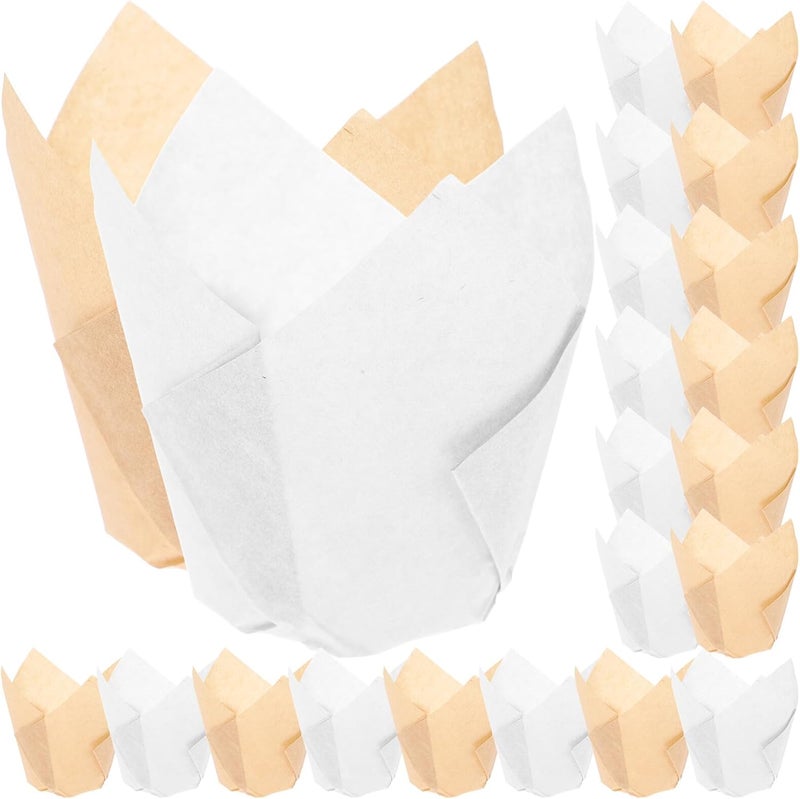 TIDTALEO Greaseproof Tulip Cupcake Wrappers Baking Paper Cups Natural Brown and White Parchment Liners 100pcs Set for Muffin Baking and Party Desserts - Image 1
