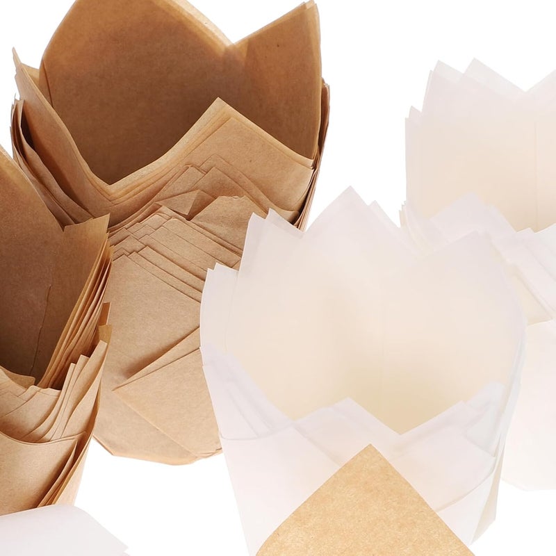 TIDTALEO Greaseproof Tulip Cupcake Wrappers Baking Paper Cups Natural Brown and White Parchment Liners 100pcs Set for Muffin Baking and Party Desserts - Image 3