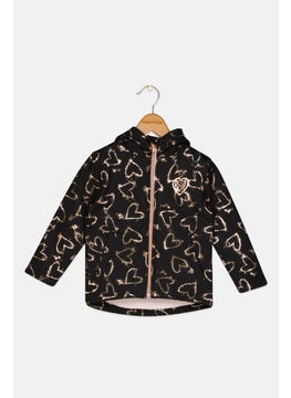 Toddlers Girls Allover Print Softshell Jacket, Black