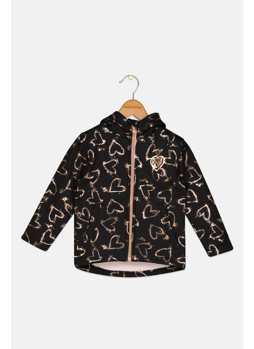 Toddlers Girls Allover Print Softshell Jacket, Black