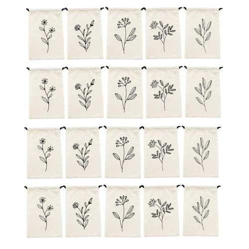 IVILLAGE Drawstring Cotton Storage Potli Pouches with Floral Design For Small Jewelries, Money, Paper Notes, Return Gift Bags, Shagun Bags, Off White - Pack of 20 - Image 1