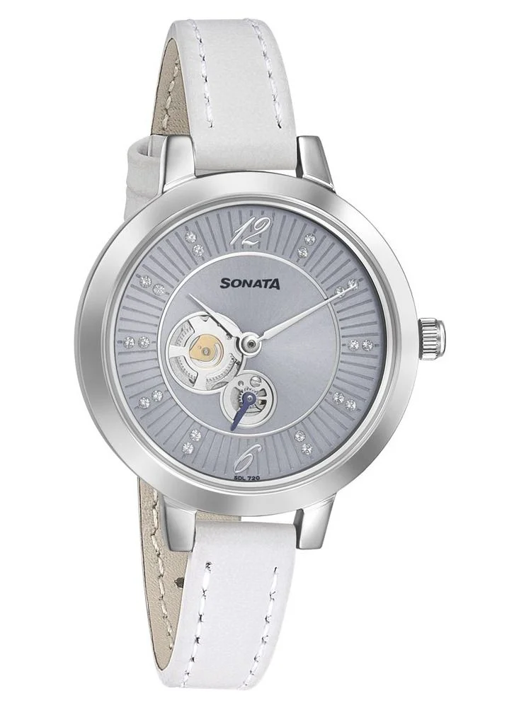 Sonata Round Shape Leather Band Wrist Watch 8141SL04 - 32 mm - White