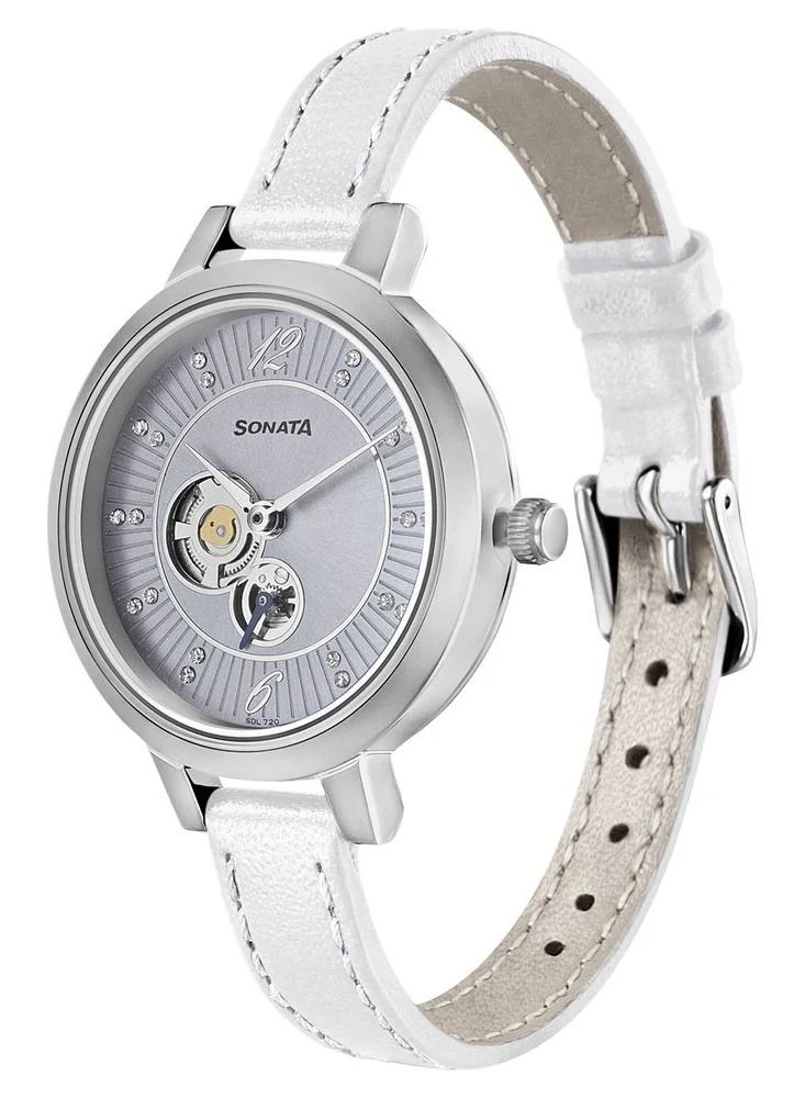 Sonata Round Shape Leather Band Wrist Watch 8141SL04 - 32 mm - White