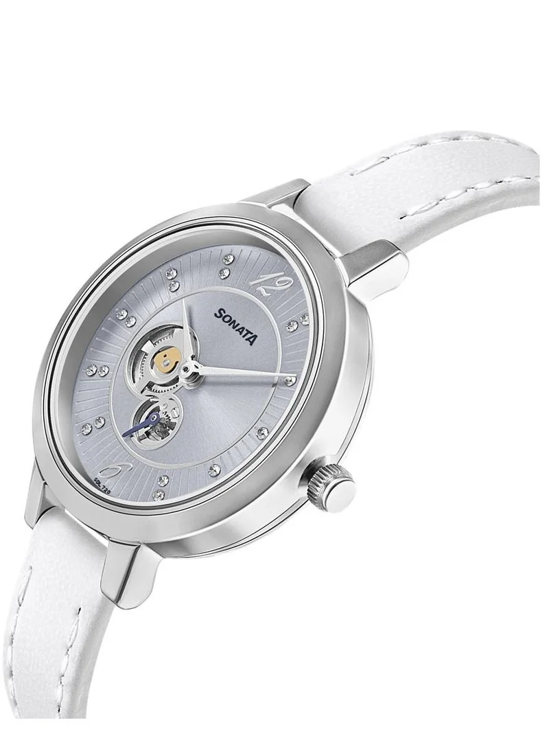 Sonata Round Shape Leather Band Wrist Watch 8141SL04 - 32 mm - White